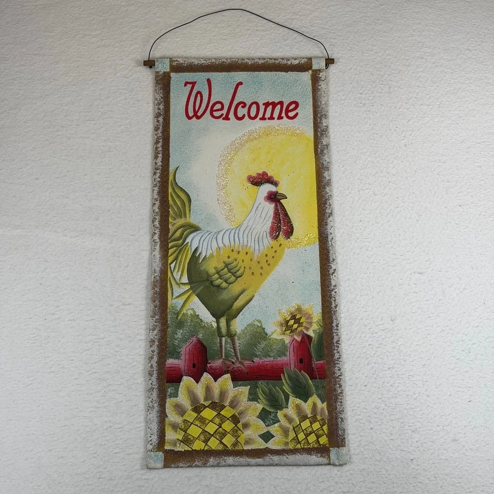 Rustic Rooster Welcome Canvas Wall Hanging Sunflower Farmhouse Decor 12x29